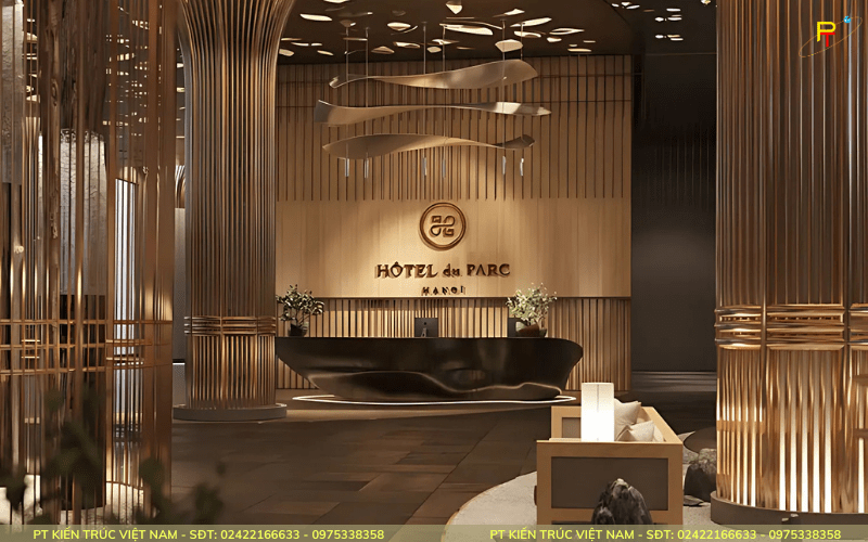 Sảnh khách sạn sử dụng tone màu ấm, tạo cảm giác gần gũi cho du khách khi đến đây