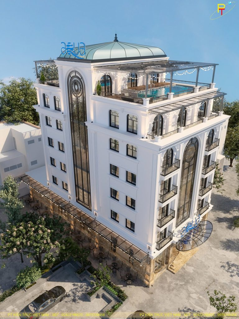 Khối phòng khách sạn được bố trí khoa học, đảm bảo sự đồng đều về ánh sáng và thông gió Khách sạn với hệ thống cửa sổ lớn giúp tận dụng tối đa ánh sáng tự nhiên. Ban công có lan can sắt nghệ thuật hoặc kính cường lực, tạo nét đặc trưng riêng.