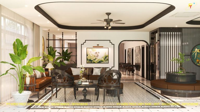 Thiết kế nội thất khu vực tiếp khách theo phong cách Indochine sang trọng nhưng gần gũi