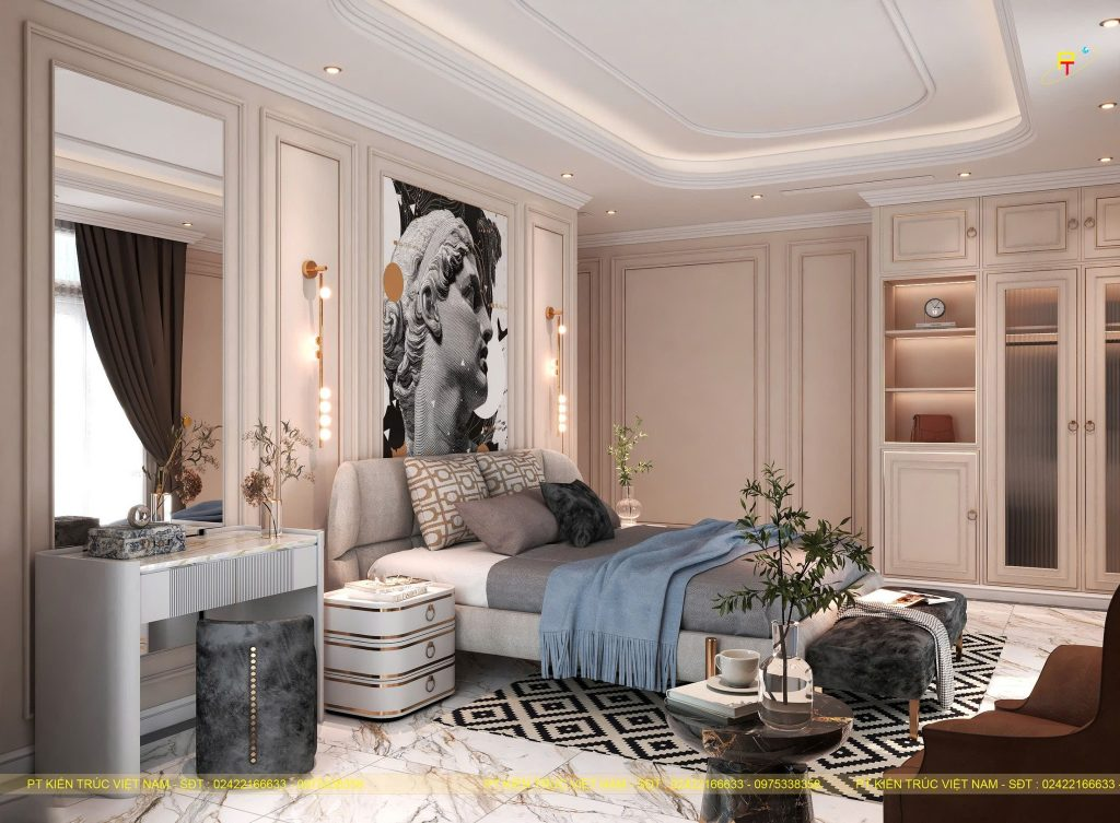Nội thất không gian phòng ngủ được thiết kế tinh tế tạo cảm giác ấm cúng và quý phái